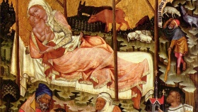 Zrození Krista. Deska z Vyšebrodského cyklu, kol. r. 1350, Mistr Vyšebrodský